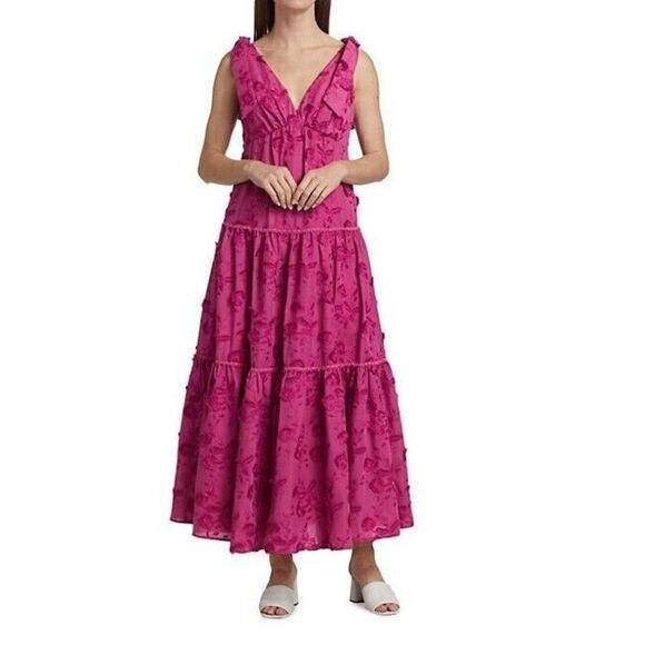 NWT‎ MARCHESA NOTTE Pink Tie Strap Floral Maxi Dress Tiered Wedding Size 14 $545 - Picture 2 of 12